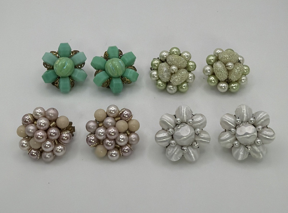Vintage Clip On Cluster Beaded Flower Floral Earrings Lot Japan Germany Pastel